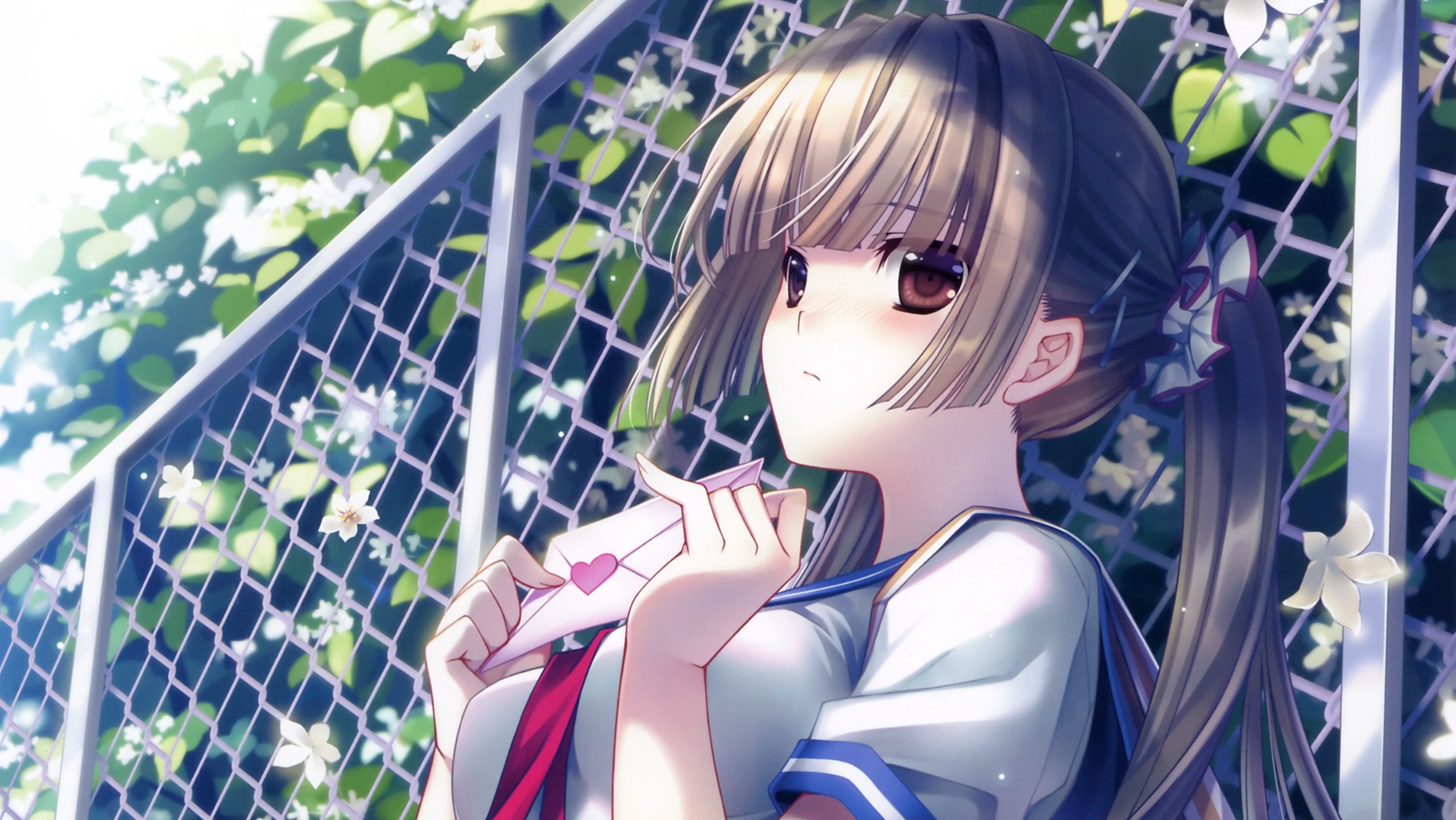 blondes, Close up, Fences, School, Uniforms, Schoolgirls, Long, Hair, Outdoors, Brown, Eyes, Blossoms, Letters, Anime, Ponytails, Anime, Girls, Hime, Cut, Bushes, Sailor, Uniforms, Hair, Ornaments, Hair, Pins, O Wallpaper
