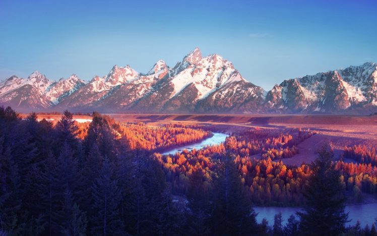 sunsets, Mountains, Landscapes, Nature, Trees, Autumn, Forest, Fall, Rivers, Tetons HD Wallpaper Desktop Background