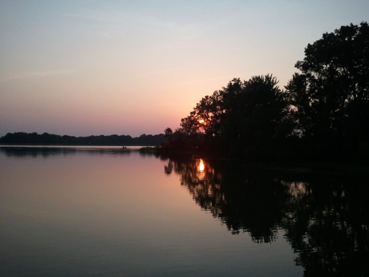 sunset, Trees, Lakes, Reflections HD Wallpaper Desktop Background