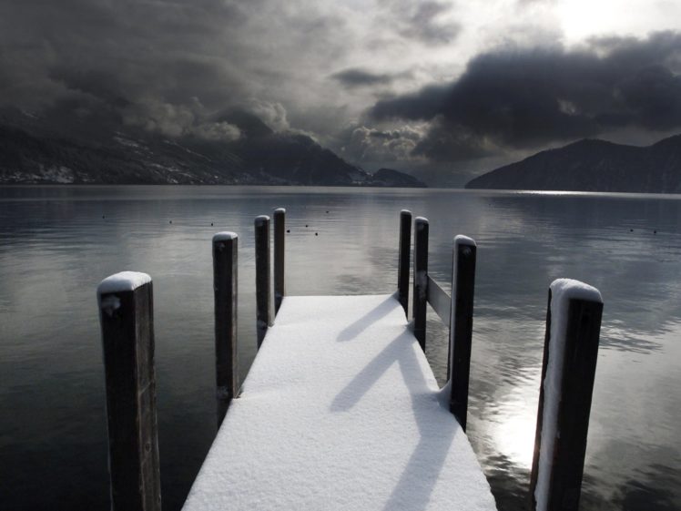 mountains, Clouds, Nature, Snow, Dock HD Wallpaper Desktop Background