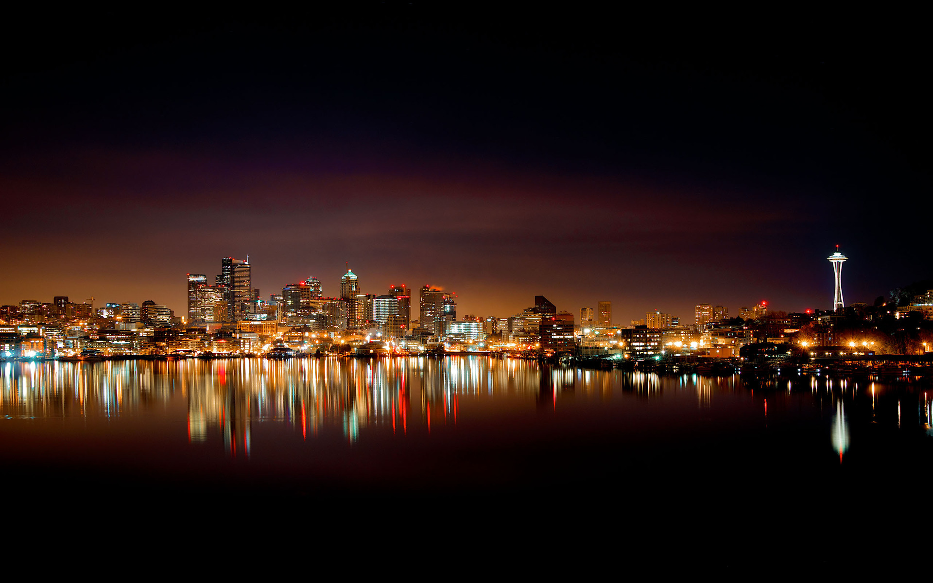 usa, Washington, Seattle, Cities, Night, Lights, Reflection, Harbor, Buildings Wallpaper