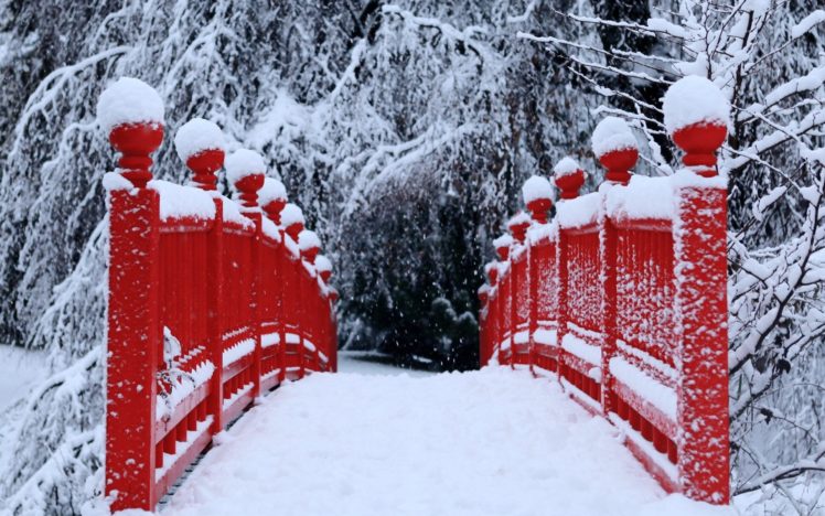 winter, Snow, Trees, Red, Bridges HD Wallpaper Desktop Background