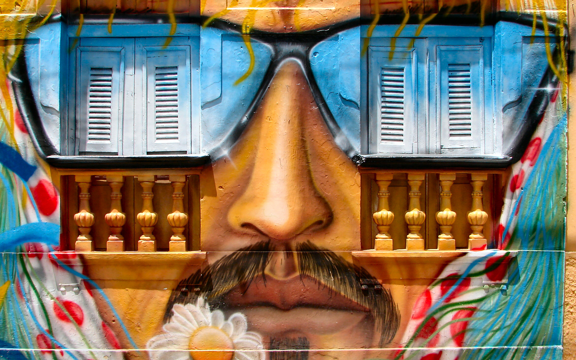 graffiti, Face, Glasses, Urban, Paint, Buildings Wallpaper