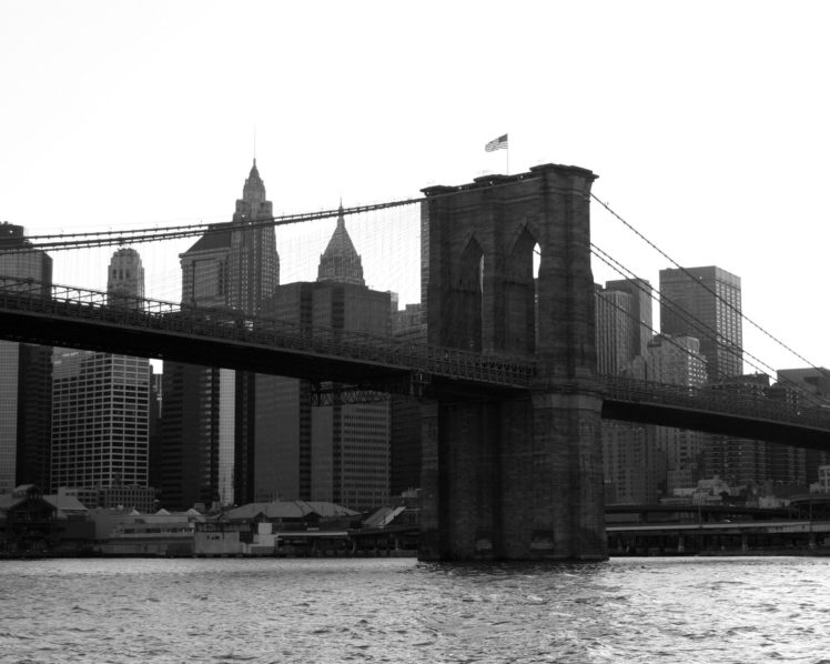 bridges, Brooklyn, Bridge, Flags, New, York, City, Manhattan, Grayscale, Monochrome, American, Flag HD Wallpaper Desktop Background