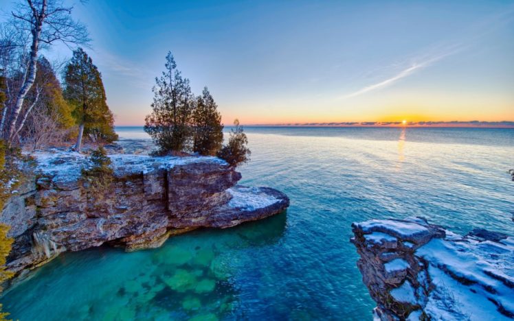 lake, Michigan, Hdr, Sky, Trees, Sunset HD Wallpaper Desktop Background