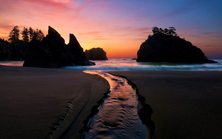 sunset, Landscapes, Nature, Sand, Trees, Rocks, Rivers, Colors, Sea, Beaches HD Wallpaper Desktop Background