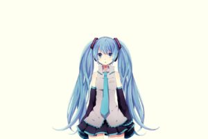 vocaloid, Hatsune, Miku, Blue, Eyes, Tie, Skirts, Long, Hair, Blue, Hair, Twintails, Simple, Background, Anime, Girls, Detached, Sleeves, White, Background, Hair, Ornaments, Bangs, Bare, Shoulders, Parted, Lips