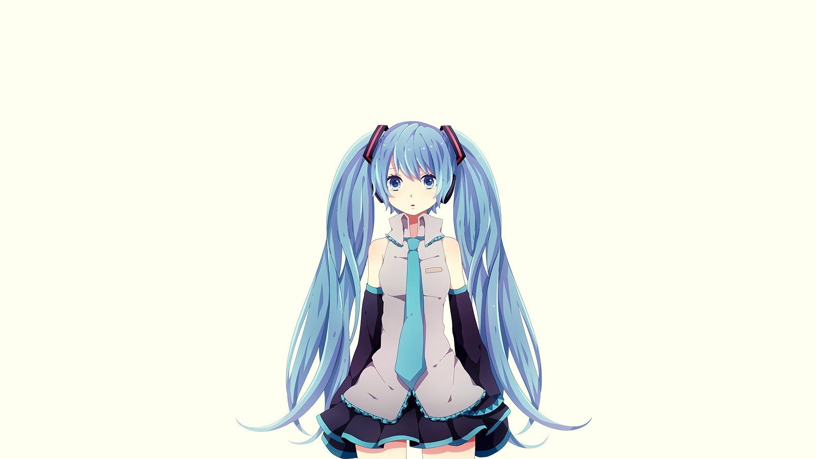 vocaloid, Hatsune, Miku, Blue, Eyes, Tie, Skirts, Long, Hair, Blue, Hair, Twintails, Simple, Background, Anime, Girls, Detached, Sleeves, White, Background, Hair, Ornaments, Bangs, Bare, Shoulders, Parted, Lips Wallpaper