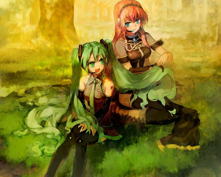 headphones, Boots, Tattoos, Nature, Trees, Vocaloid, Stockings, Hatsune, Miku, Blue, Eyes, Grass, Tie, Skirts, Megurine, Luka, Long, Hair, Outdoors, Green, Eyes, Pink, Hair, Thigh, Highs, Green, Hair, Twintails, HD Wallpaper Desktop Background