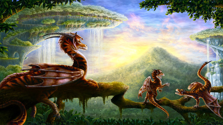 fantasy, Art, Dragons, Waterfall, Forest, Trees, Landscapes HD Wallpaper Desktop Background