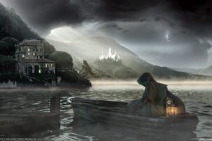 dark, Horror, Fantasy, Gothic, Castle, Lamp, Reaper, Boat, Landscapes