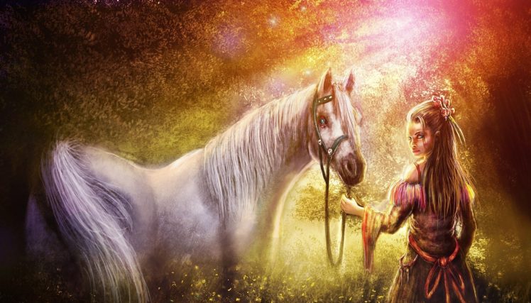 fantasy, Art, Horse, Women, Mood, Forest, Sunlight HD Wallpaper Desktop Background