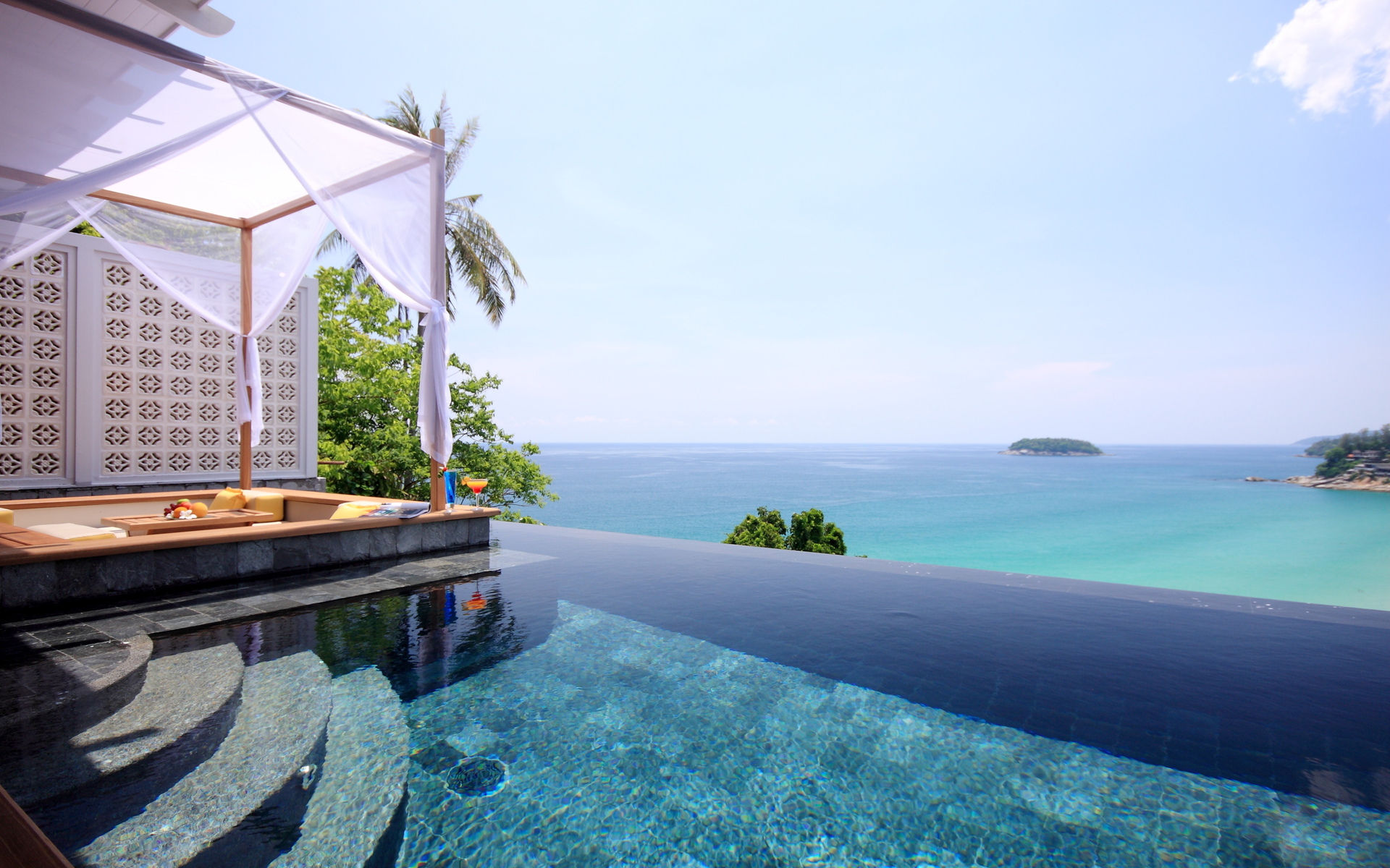 tropical, Vacation, Relax, Mood, Bokeh, Pool, Reflection, Ocean, House Wallpaper