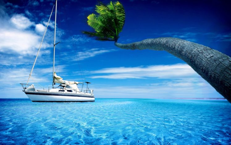 ocean, Clouds, Landscapes, Palm, Sailing, Skyscapes, Sailing, Ships HD Wallpaper Desktop Background