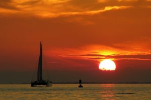 sunset, Ocean, Clouds, Landscapes, Sun, Boats, Vehicles