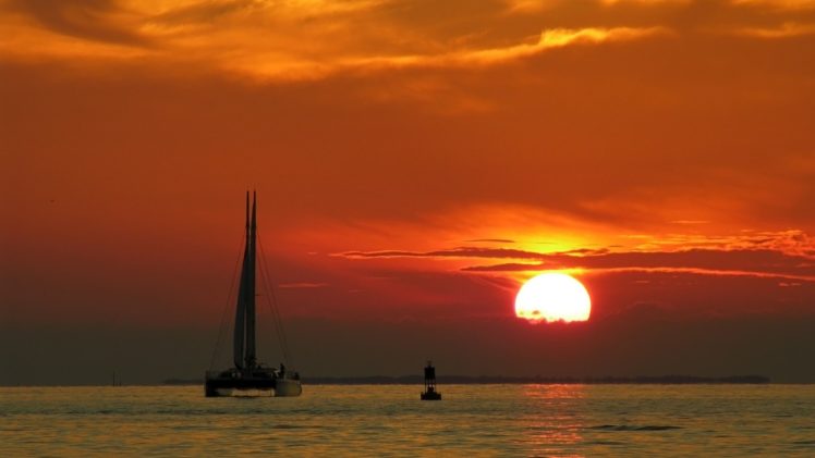 sunset, Ocean, Clouds, Landscapes, Sun, Boats, Vehicles HD Wallpaper Desktop Background