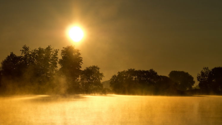 sunrise, Trees, Reflection, Fog HD Wallpaper Desktop Background