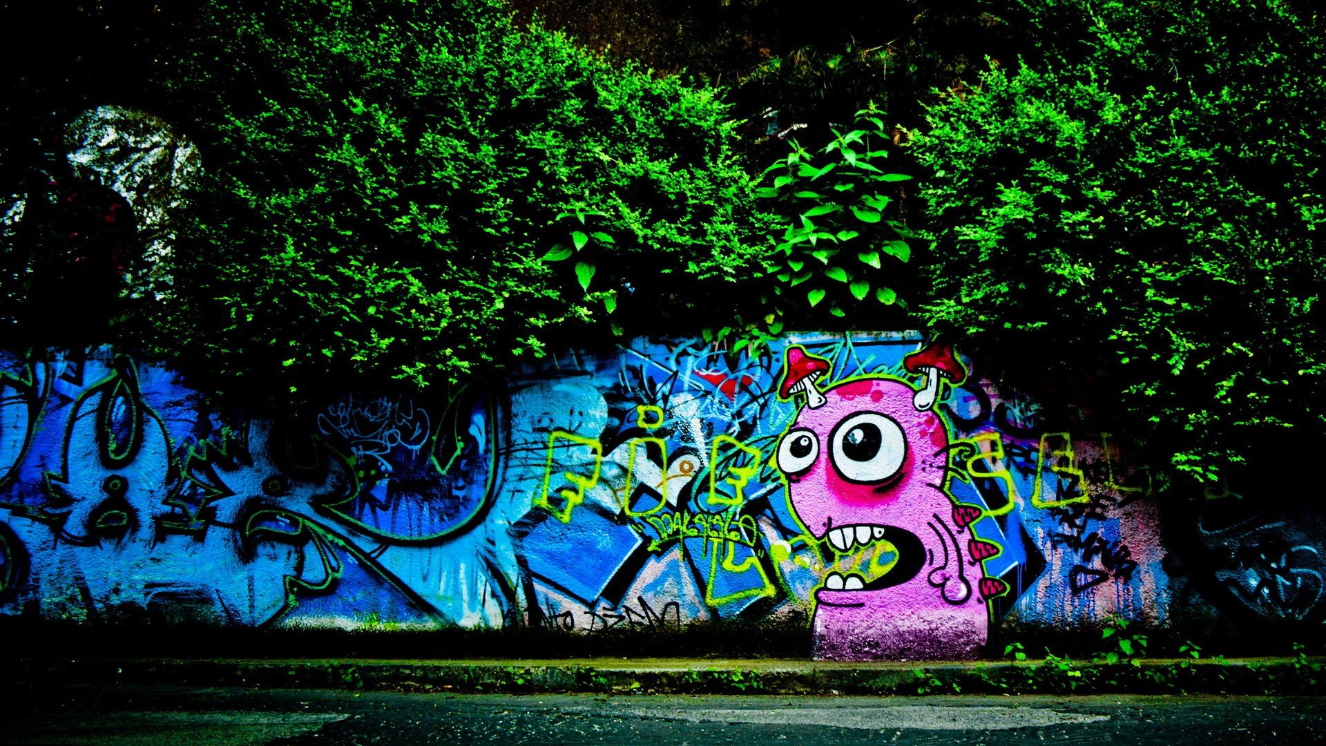 trees, Cityscapes, Wall, Graffiti Wallpaper