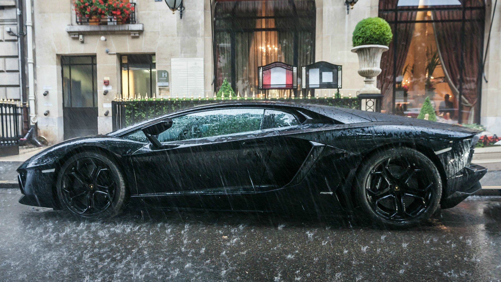 black, Rain, Cars, Lamborghini, Lamborghini, Aventador, Aventador, Hotel Wallpaper