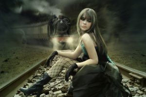 dark, Horror, Gothic, Emo, Mood, Sad, Sorrow, Alone, Fantasy, Cg, Digital, Manip, Railroad, Tracks, Train, Women, Model, Brunette, Pale, Lace