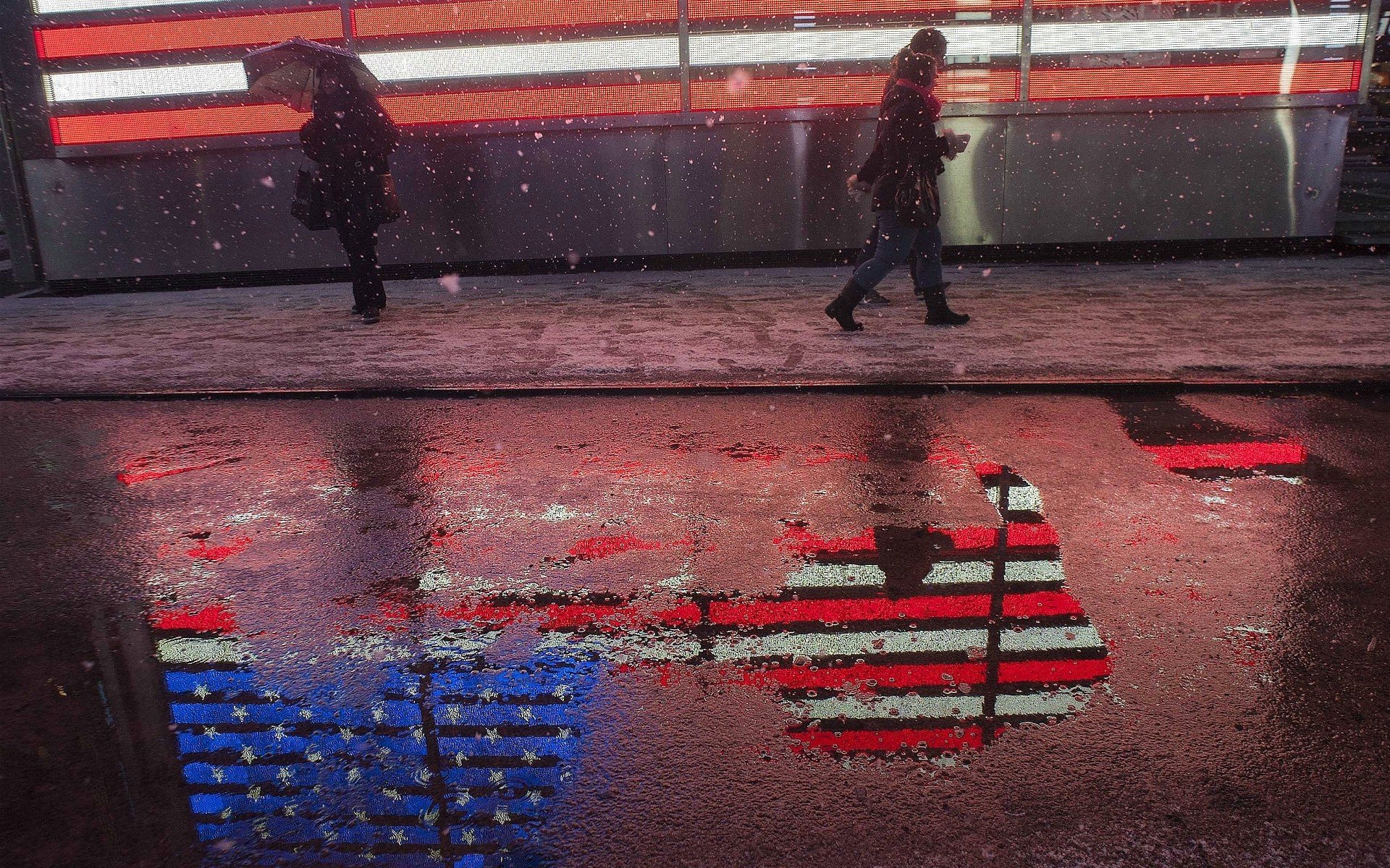 snow, Streets, Flags, Usa, Reflective Wallpaper