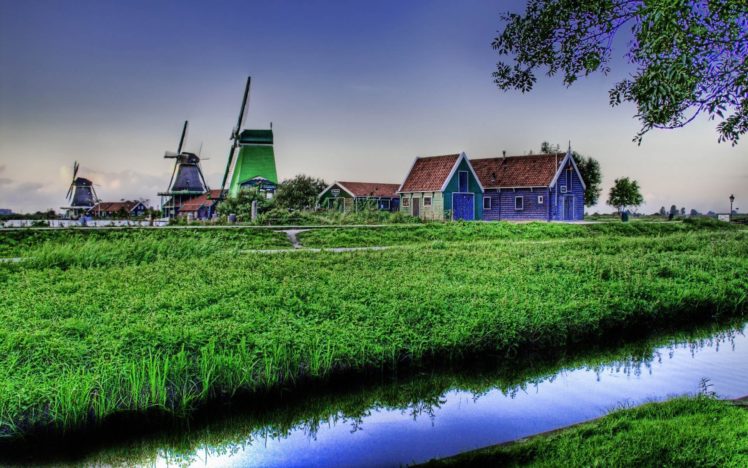 fields, Streams, Farmhouse, Hdr, Photography, Windmills HD Wallpaper Desktop Background
