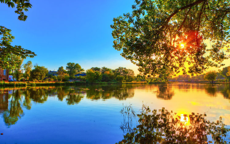 hdr, Sunset, Sunrise, Trees, Reflection HD Wallpaper Desktop Background