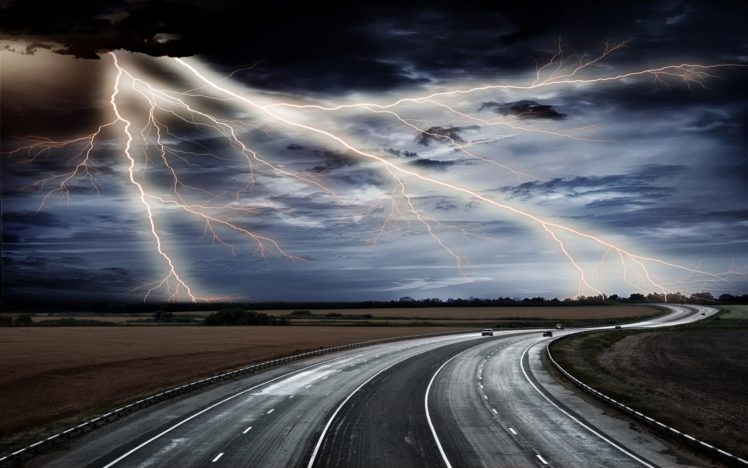 clouds, Roads, Lightning HD Wallpaper Desktop Background