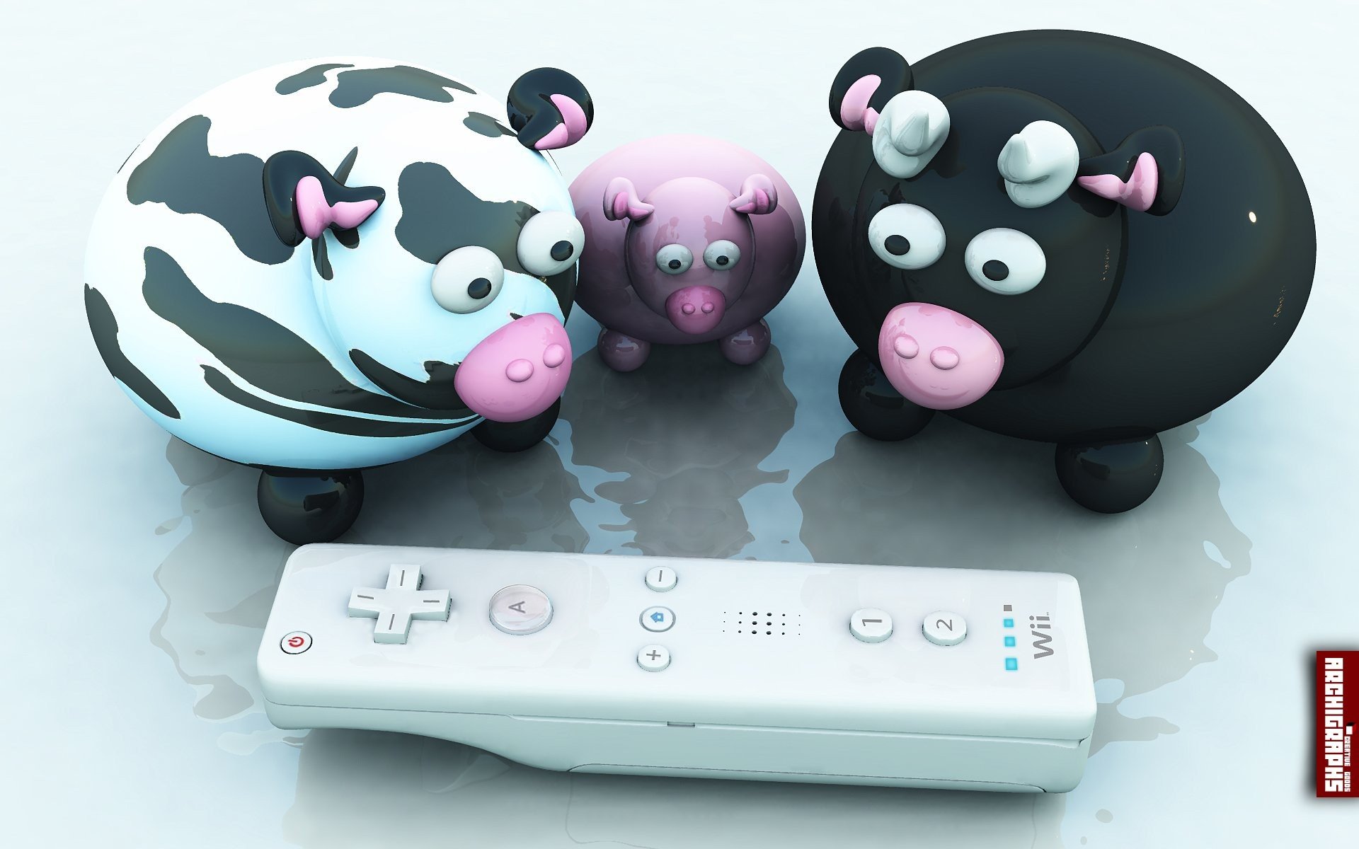 3d, View, Animals, Funny, Nintendo, Wii, Wiimote, Cows Wallpaper