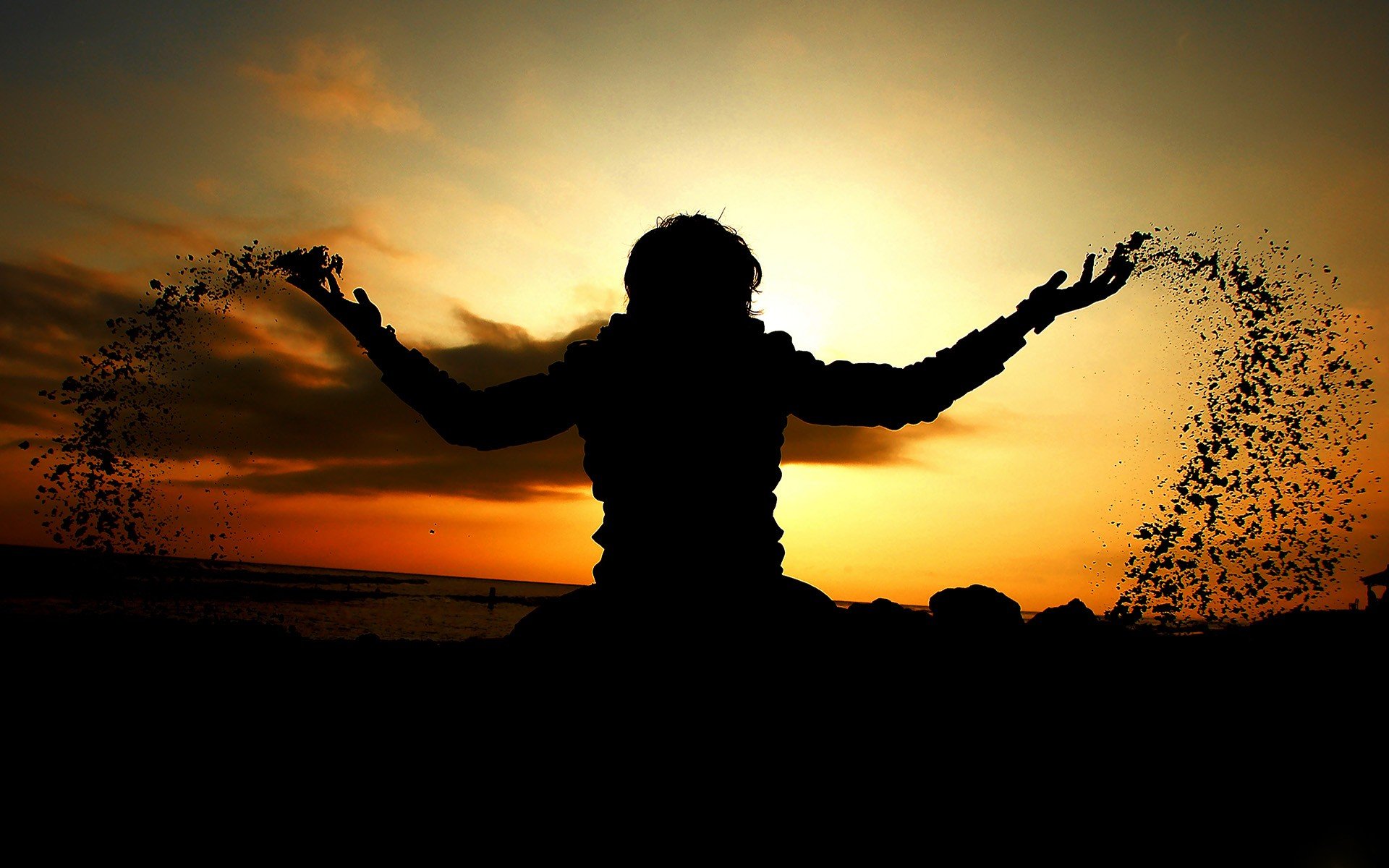 sunset, Silhouettes, Arms, Raised Wallpaper