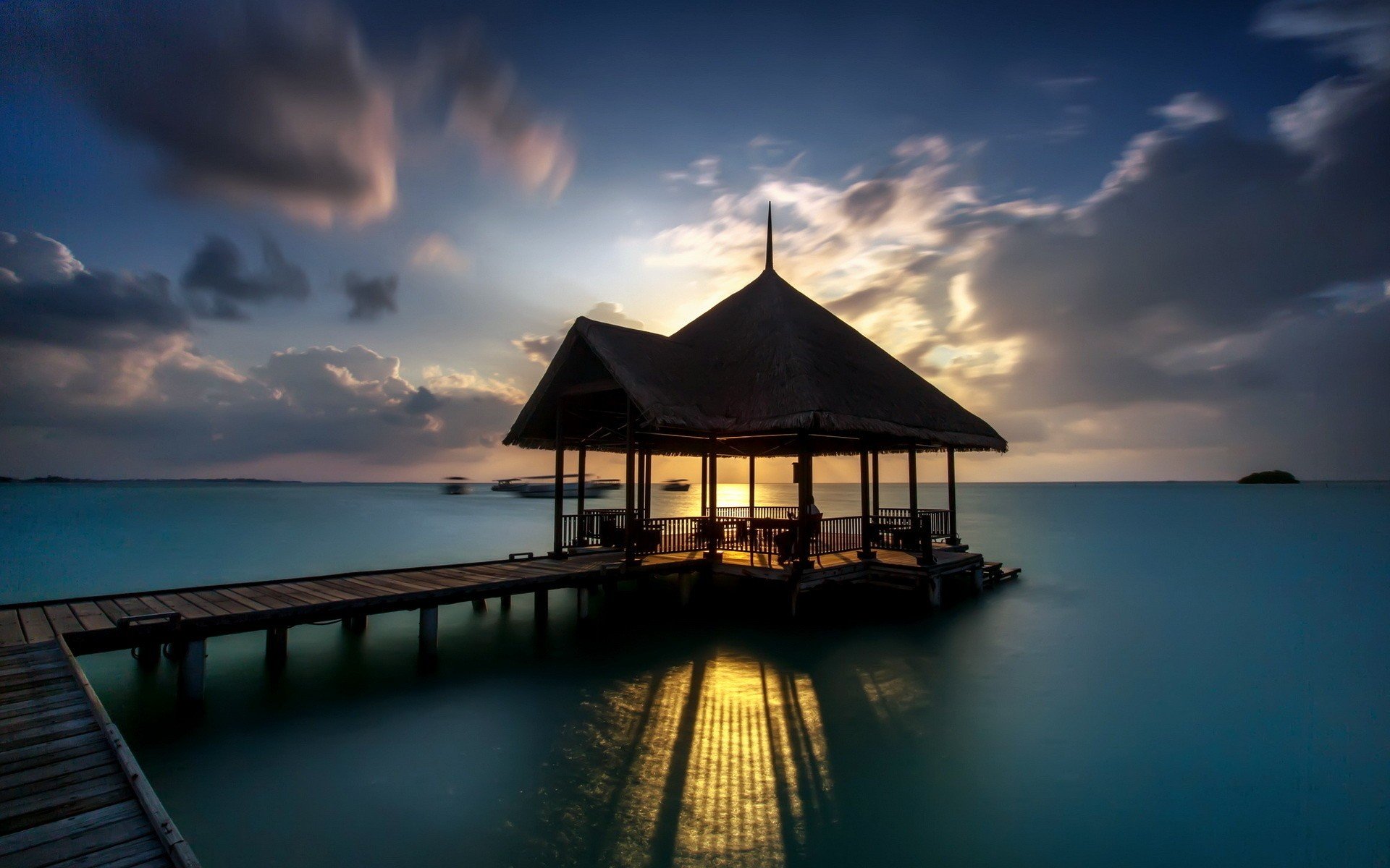 sunset, Piers, Buildings, Cottage, Sea Wallpaper