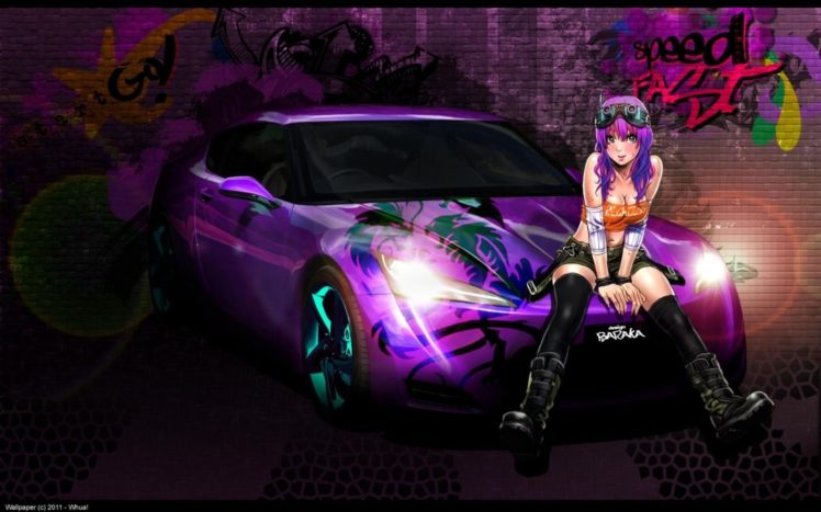 wall, Cars, Purple, Cleavage, Graffiti, Yamashita, Shunya, Purple, Hair, Thigh, Highs, Vehicles, Anime, Girls HD Wallpaper Desktop Background