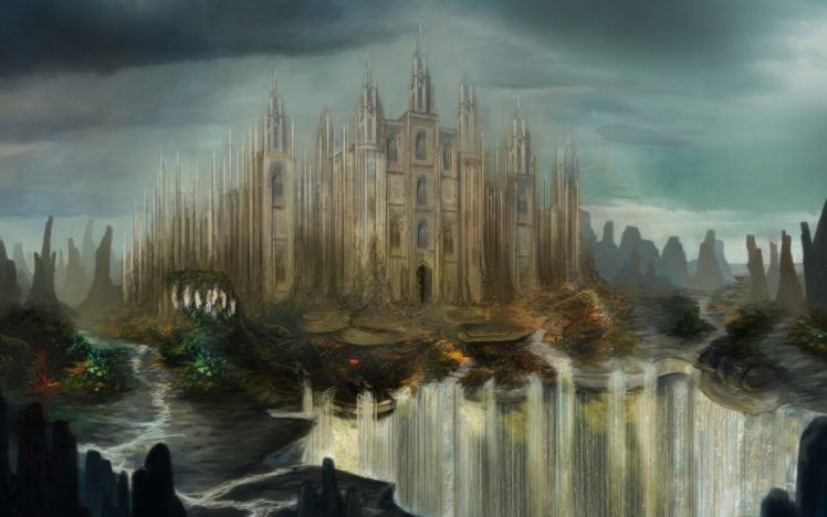 fantasy, Art, Landscapes, Waterfall, Cities, Castl HD Wallpaper Desktop Background