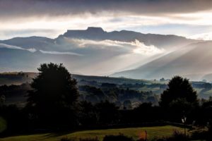 champagne, Castle, Drakensberg, South, Africa, Buildings, Trees, Fog, Clouds, Mountains, Sky