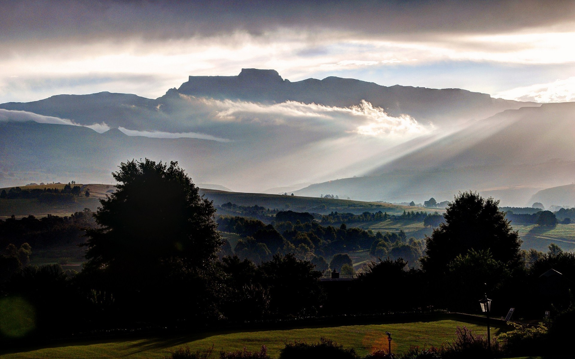 champagne, Castle, Drakensberg, South, Africa, Buildings, Trees, Fog, Clouds, Mountains, Sky Wallpaper