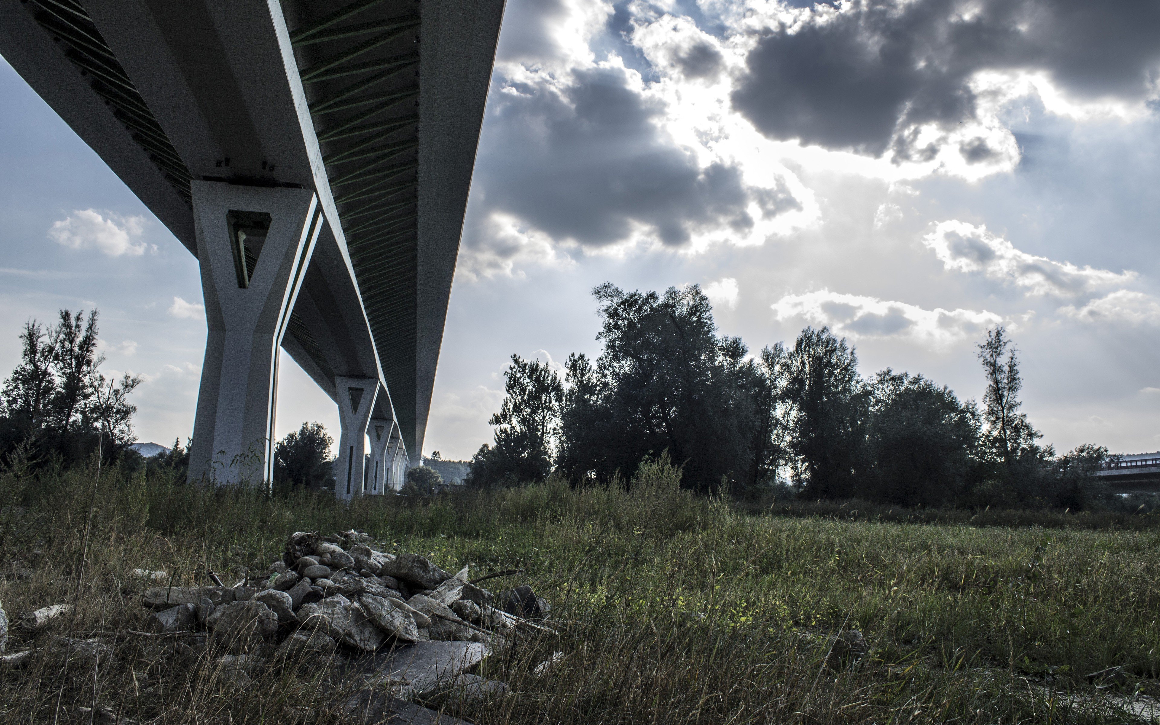 clouds, Grass, Bridges, Highways Wallpaper