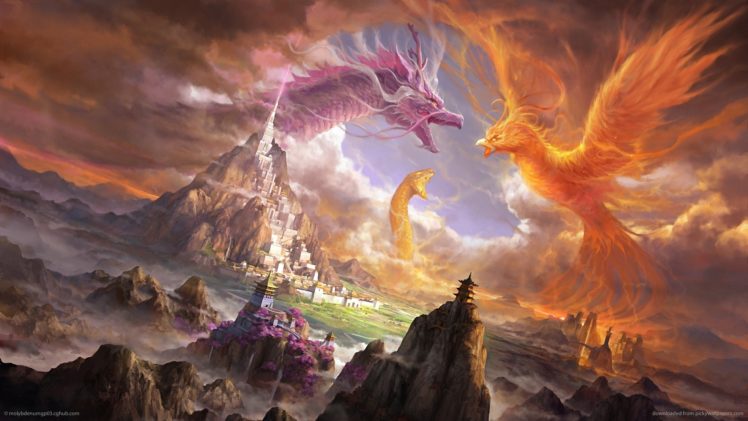 fantasy, Art, Dragon, Pheonix, Sepent, Monster, Asian, Oriental, Castle, Cities, Battle, Landscapes HD Wallpaper Desktop Background