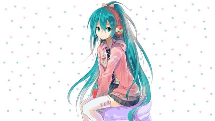 headphones, Vocaloid, Hatsune, Miku, Tie, Skirts, Blue, Hair, Thigh, Highs, Seifuku, Bows, Ponytails, Aqua, Eyes, Anime, Girls HD Wallpaper Desktop Background