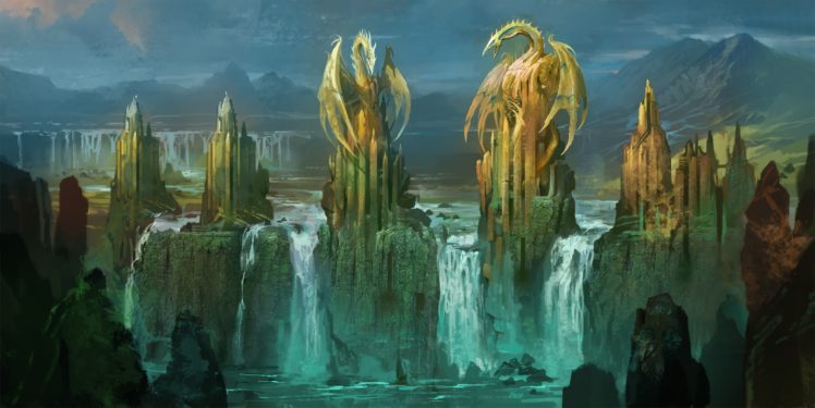 fantasy, Art, Dragon, Landscapes, Waterfall HD Wallpaper Desktop Background
