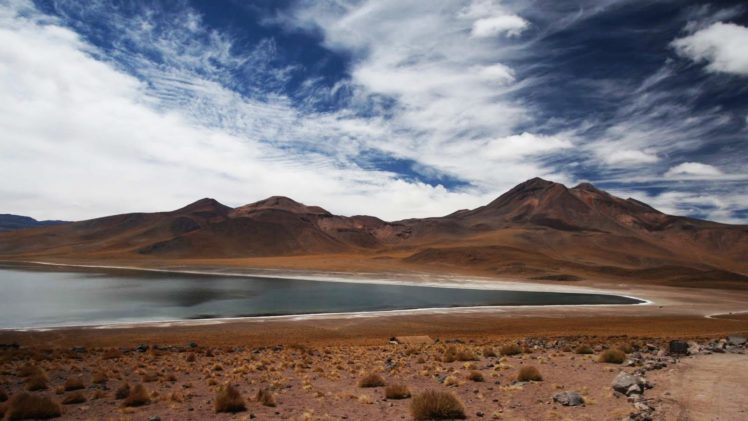 water, Chile, Blue, Mountains, Clouds, Landscapes, Nature, White, Brown, Lakes, Andes, Skies, Atacama, Desert, Upscaled HD Wallpaper Desktop Background
