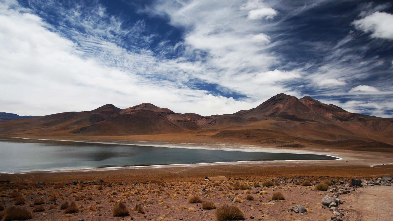 water, Chile, Blue, Mountains, Clouds, Landscapes, Nature, White, Brown, Lakes, Andes, Skies, Atacama, Desert, Upscaled Wallpaper