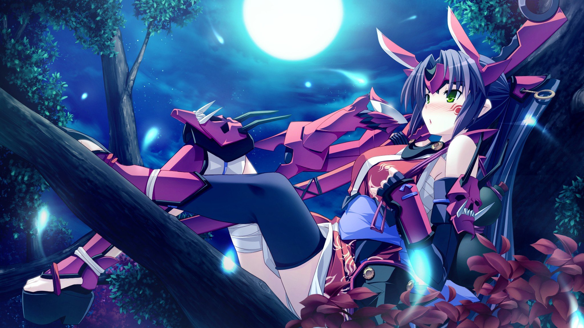video, Games, Trees, Leaves, Moon, Long, Hair, Weapons, Green, Eyes, Purple, Hair, Visual, Novels, Thigh, Highs, Game, Cg, Blush, Ponytails, Sake, Skyscapes, Skyfish, Gauntlets, Swords, Drinking, Hair, Ornaments Wallpaper