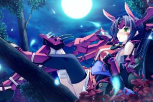 video, Games, Trees, Leaves, Moon, Long, Hair, Weapons, Green, Eyes, Purple, Hair, Visual, Novels, Thigh, Highs, Game, Cg, Blush, Ponytails, Sake, Skyscapes, Skyfish, Gauntlets, Swords, Drinking, Hair, Ornaments