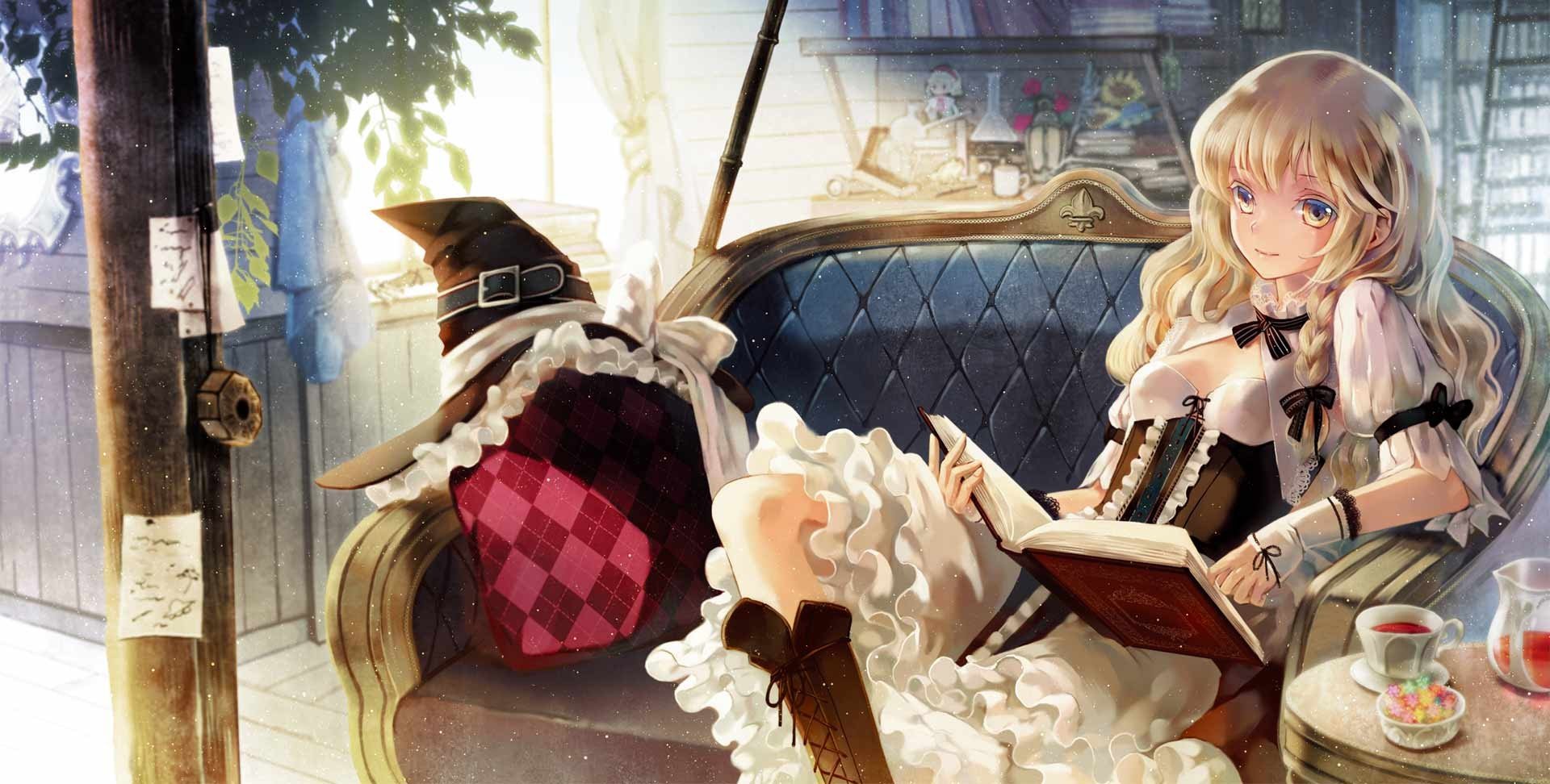boots, Blondes, Video, Games, Touhou, Couch, Dress, Indoors, Tea, Room, Reading, Cups, Long, Hair, Corset, Argyle, Pattern, Books, Yellow, Eyes, Pillows, Kirisame, Marisa, Smiling, Bows, Braids, White, Dress, Ha Wallpaper