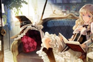 boots, Blondes, Video, Games, Touhou, Couch, Dress, Indoors, Tea, Room, Reading, Cups, Long, Hair, Corset, Argyle, Pattern, Books, Yellow, Eyes, Pillows, Kirisame, Marisa, Smiling, Bows, Braids, White, Dress, Ha