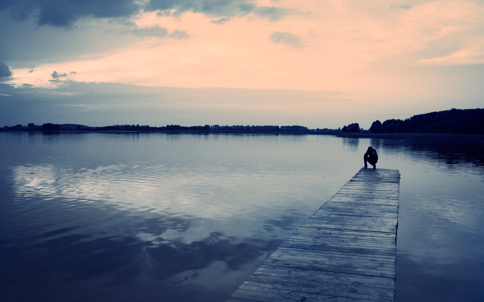 dock, Pier, Mood, Alone, Reflection, Men, Clouds Wallpaper