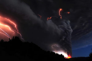 landscapes, Mountains, Volcano, Lava, Fire, Smoke, Fire, Lightning, Storm