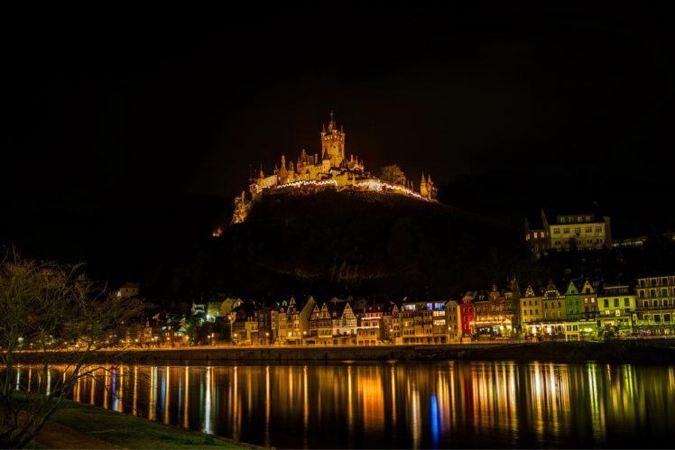 cochem, Burg, Buildings, Castle, Hdr, Night, Lights, Reflection HD Wallpaper Desktop Background