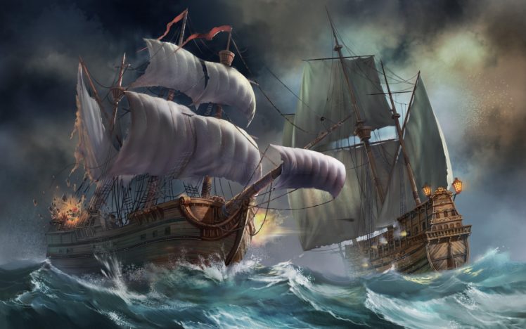 fantasy, Art, Ships, Fantasy, Battle, War, Ocean, Waves HD Wallpaper Desktop Background