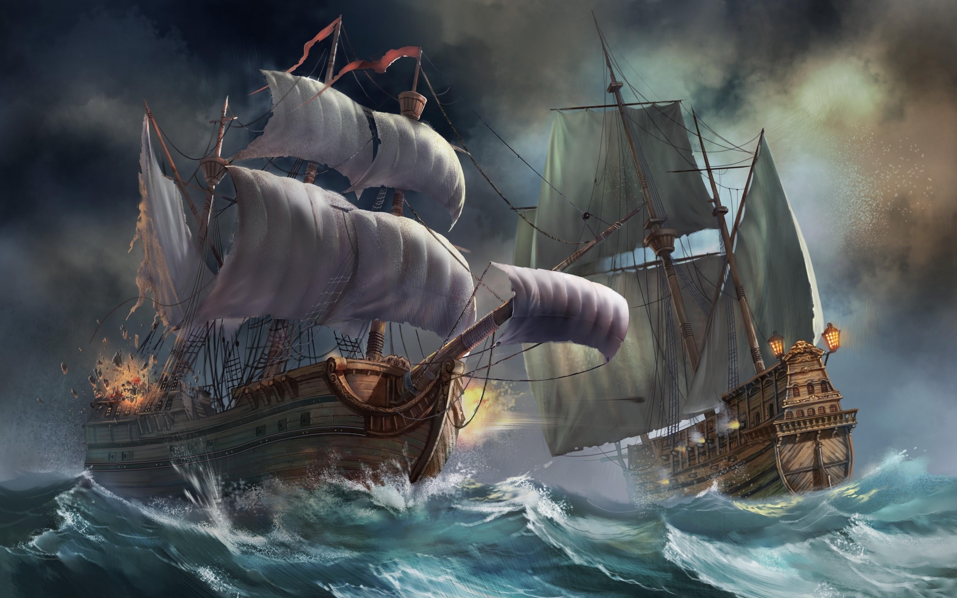fantasy, Art, Ships, Fantasy, Battle, War, Ocean, Waves Wallpaper